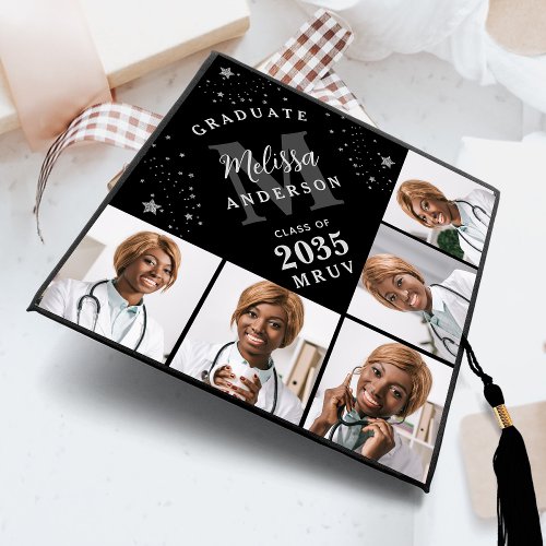 Elegant 5 Photo Personalized Monogram Black Silver Graduation Cap Topper