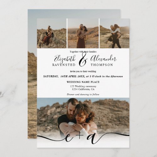 Elegant 5 Photos modern script wedding black white Invitation