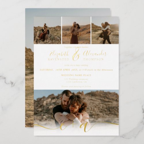 Elegant 5 Photos modern script wedding gold white Foil Invitation