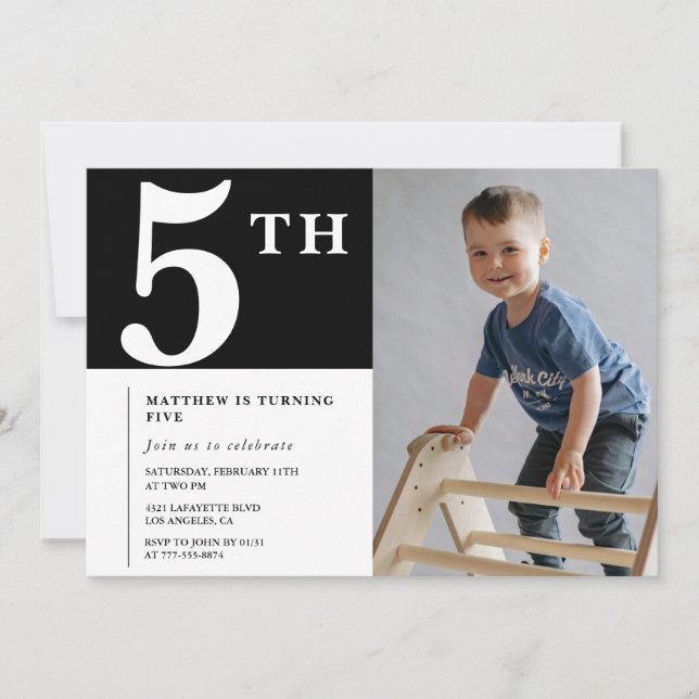 Elegant 5th birthday invitation Black Boy Photo (Front)