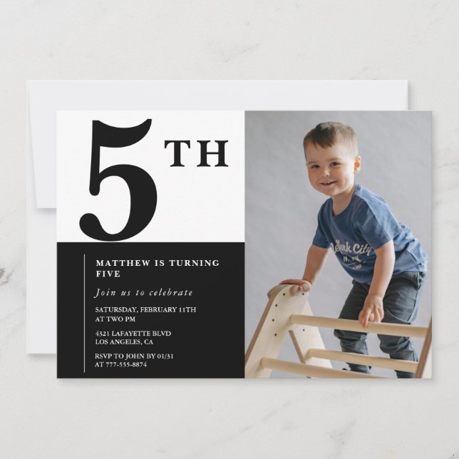 Elegant 5th birthday invitation Black Chic Modern  (Front)