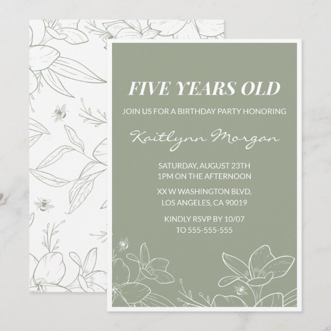Elegant 5th birthday invitations Floral Green (Front/Back)