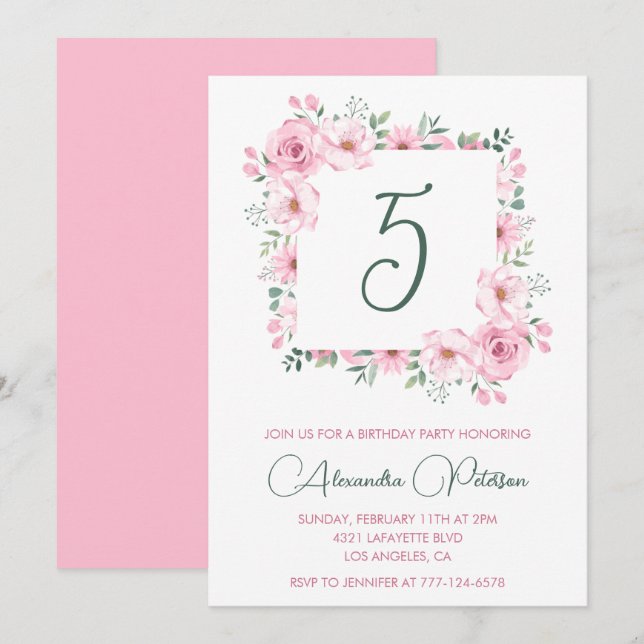 Elegant 5th birthday invitations Floral  Pink (Front/Back)