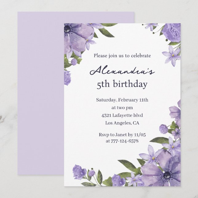 Elegant 5th birthday invitations Lavender Floral (Front/Back)