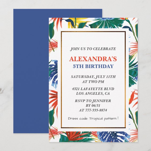 Elegant 5TH birthday invitations Tropical Party  (Front/Back)