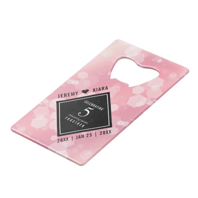 Elegant 5th Rose Quartz Wedding Anniversary Credit Card Bottle Opener (Front Angled)