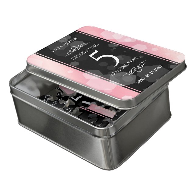 Elegant 5th Rose Quartz Wedding Anniversary Jigsaw Puzzle (Lid Open)