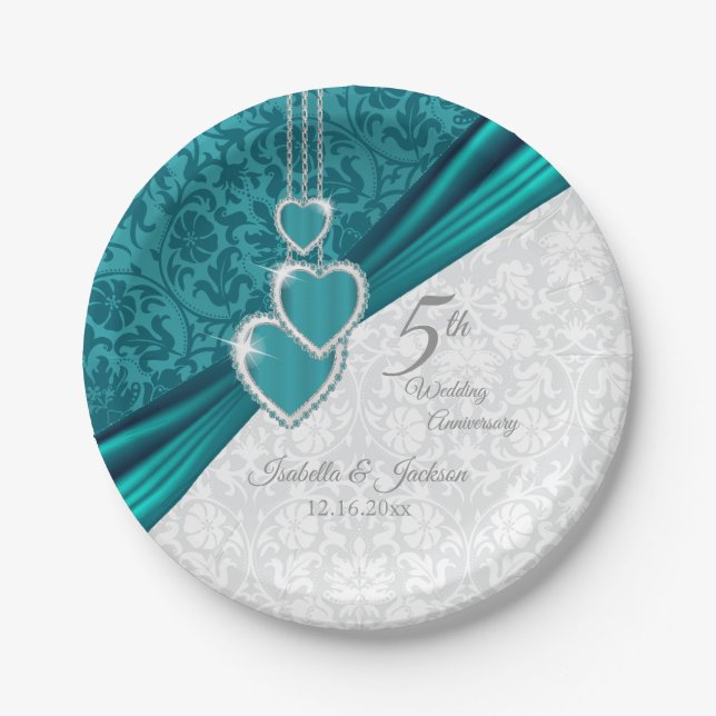 Elegant 5th Turquoise Wedding Anniversary Design Paper Plates (Front)