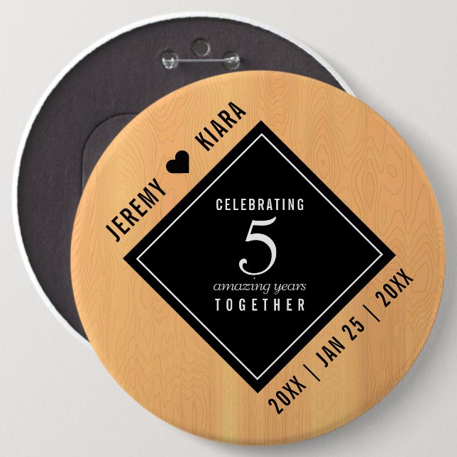 Elegant 5th Wood Wedding Anniversary Button (Front & Back)