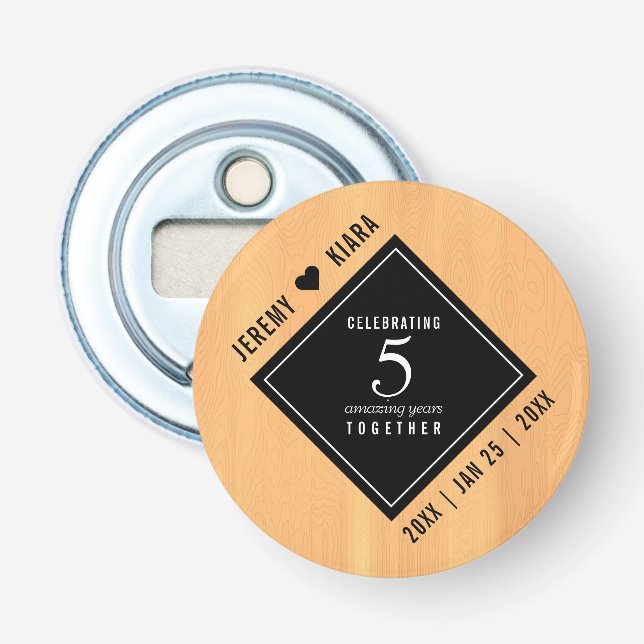 Elegant 5th Wood Wedding Anniversary Celebration Bottle Opener (Front)