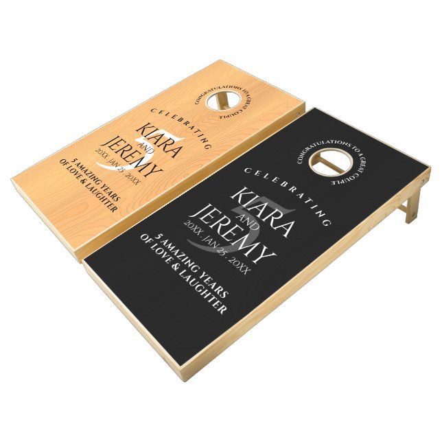Elegant 5th Wood Wedding Anniversary Celebration Cornhole Set (Angled)