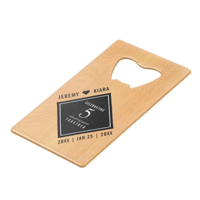 Elegant 5th Wood Wedding Anniversary Celebration Credit Card Bottle Opener (Front Angled)