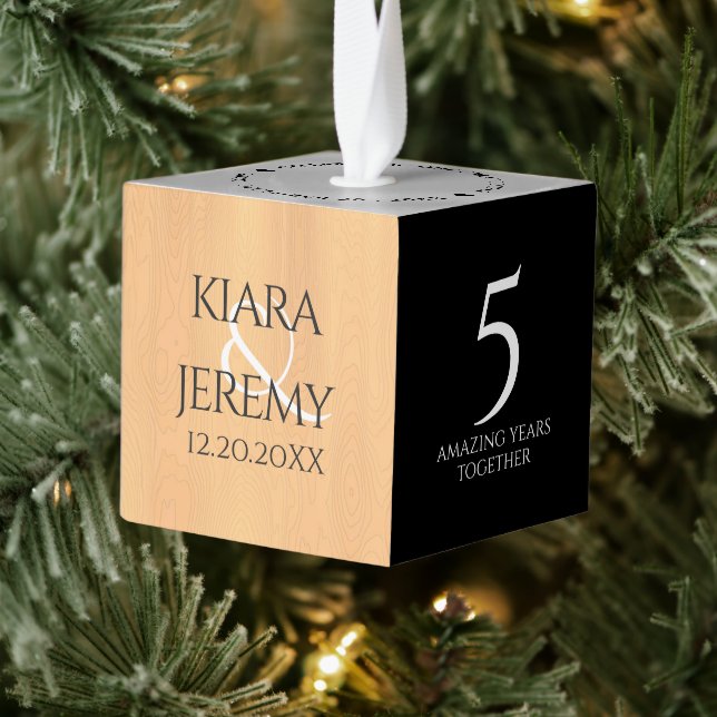 Elegant 5th Wood Wedding Anniversary Celebration Cube Ornament (Tree)