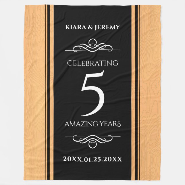 Elegant 5th Wood Wedding Anniversary Celebration Fleece Blanket (Front)