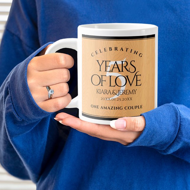 Elegant 5th Wood Wedding Anniversary Celebration Giant Coffee Mug (5th Wedding Anniversary Jumbo Coffee Mug Cover Photo.)