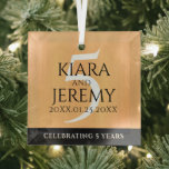 Elegant 5th Wood Wedding Anniversary Celebration Glass Ornament<br><div class="desc">Celebrate the 5th wood wedding anniversary with this commemorative ornament! Elegant black and white lettering on a faux,  light wood grain background add a memorable touch for this special occasion and milestone. Personalize with couple's names,  dates of marriage,  and congratulatory message.

Design © W.H. Sim. See more at zazzle.com/expressionsoccasions</div>