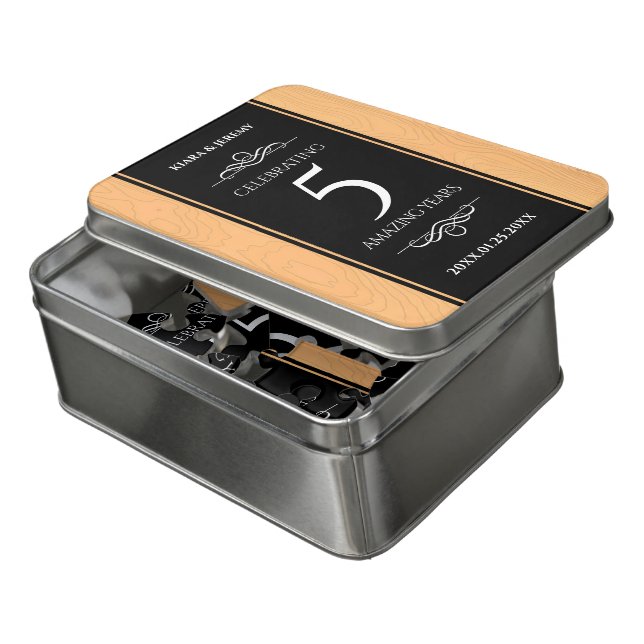 Elegant 5th Wood Wedding Anniversary Celebration Jigsaw Puzzle (Lid Open)