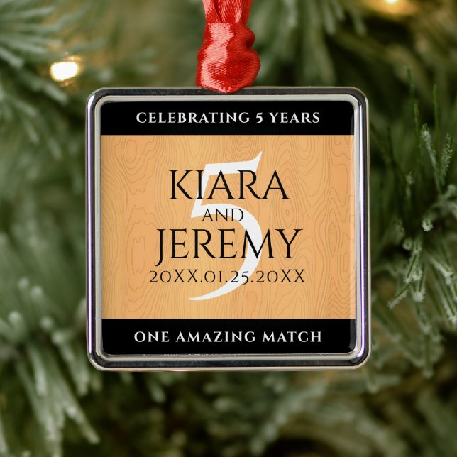 Elegant 5th Wood Wedding Anniversary Celebration Metal Ornament (Tree)