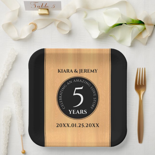 Elegant 5th Wood Wedding Anniversary Celebration Paper Plates (Wedding)