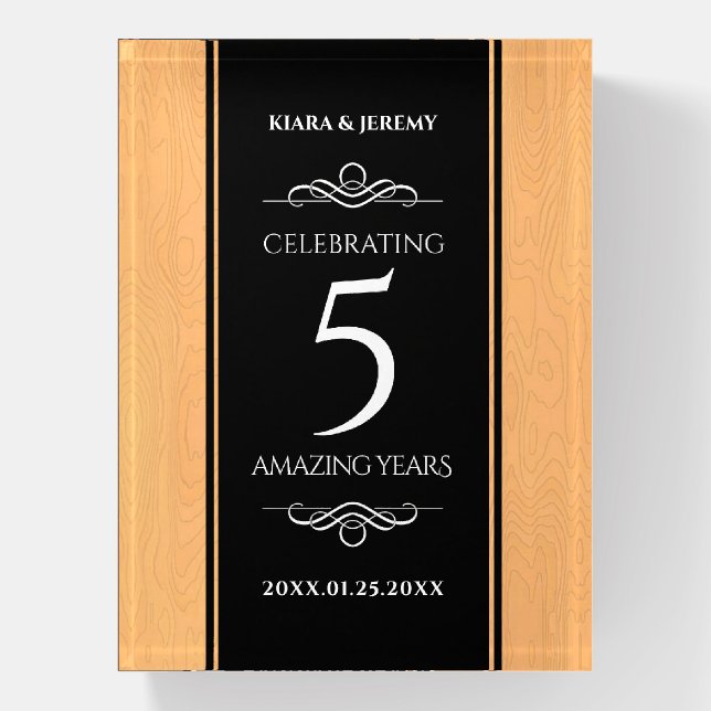 Elegant 5th Wood Wedding Anniversary Celebration Paperweight (Vertical)