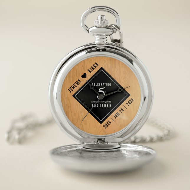 Elegant 5th Wood Wedding Anniversary Celebration Pocket Watch (Inside)