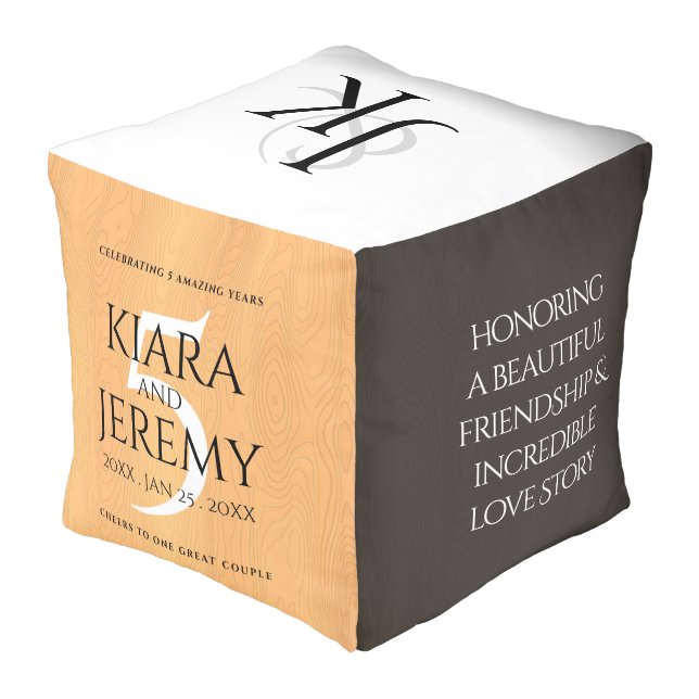 Elegant 5th Wood Wedding Anniversary Celebration Pouf (Angled Back)