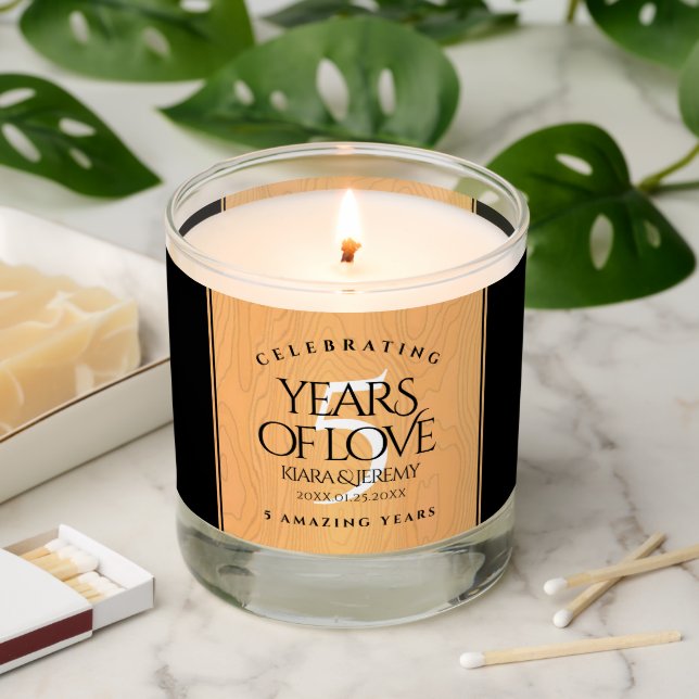 Elegant 5th Wood Wedding Anniversary Celebration Scented Candle (Lit)