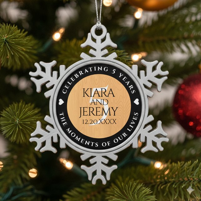 Elegant 5th Wood Wedding Anniversary Celebration Snowflake Pewter Christmas Ornament (5th Wood Wedding Anniversary Snowflake Pewter Ornament Cover Photo)