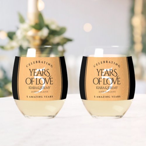 Elegant 5th Wood Wedding Anniversary Celebration Stemless Wine Glass
