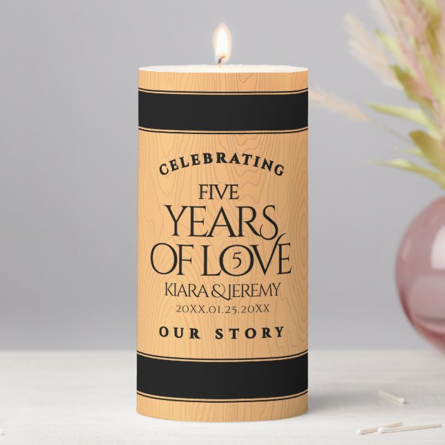 Elegant 5th Wood Wedding Anniversary Pillar Candle (In Situ)