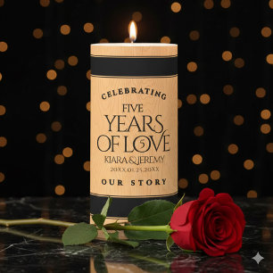 Elegant 5th Wood Wedding Anniversary Pillar Candle