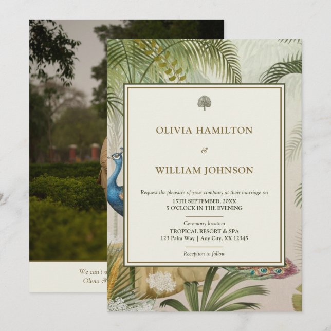 Elegant 5x7 Photo Tropical Peacock Palm Wedding  Invitation (Front/Back)
