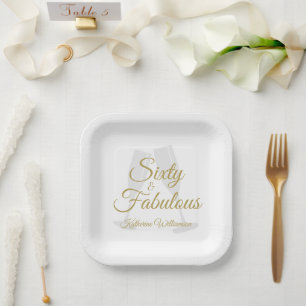 Elegant 60 and Fabulous Birthday Party White Gold Paper Plates