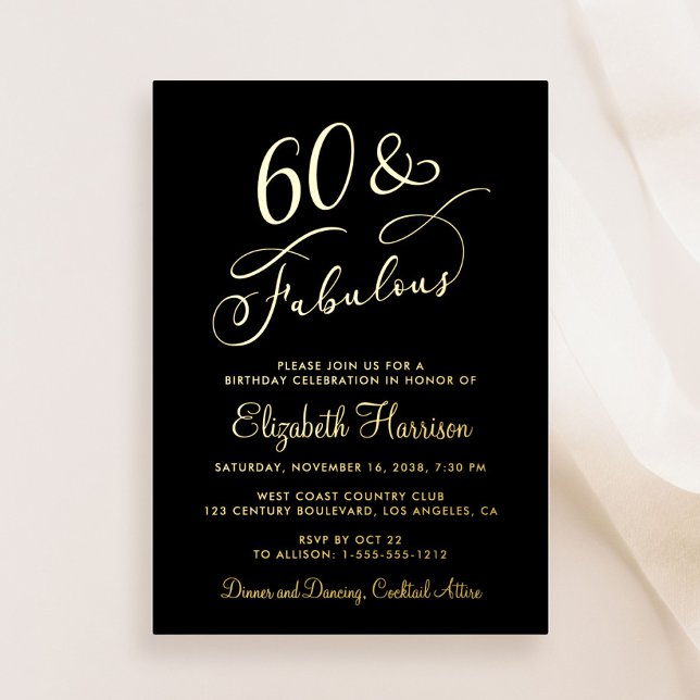 Elegant 60 And Fabulous Black 60th Birthday Party Foil Invitation (Creator Uploaded)