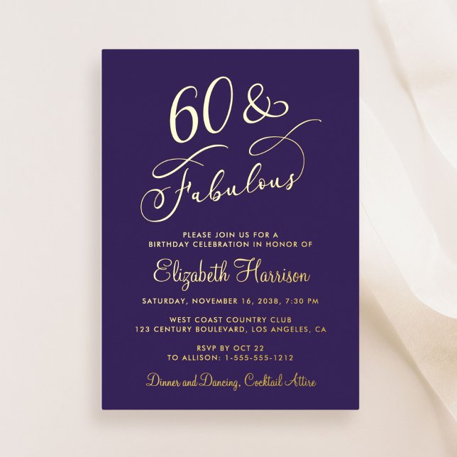 Elegant 60 And Fabulous Purple 60th Birthday Party Foil Invitation (Creator Uploaded)