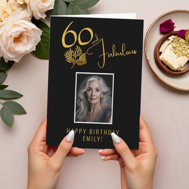 Elegant 60 and Fabulous Twigs 60th Birthday Photo Card (Creator Uploaded)