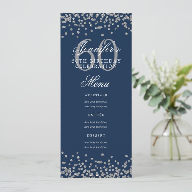 Elegant 60 Birthday Menu Silver Navy Blue Confetti Invitation (Standing Front)