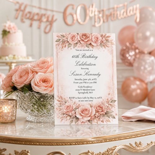 Elegant 60 Milestone Blush Rose Birthday Party  Invitation