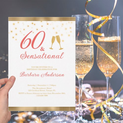 Elegant 60  Sensational Gold and Pink Birthday Invitation