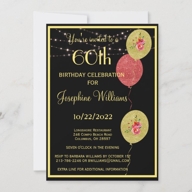 Elegant 60 Sixty Birthday Black Gold    Invitation (Front)