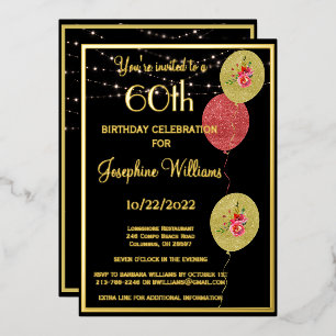 Elegant 60 Sixty Birthday Black REAL Gold   Foil Invitation