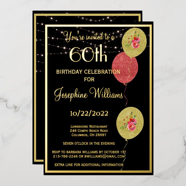 Elegant 60 Sixty Birthday Black REAL Gold   Foil Invitation (Front/Back)