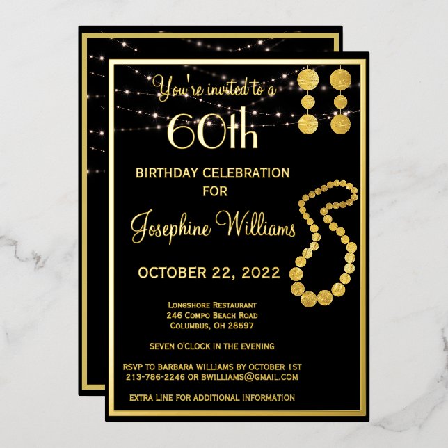 Elegant 60 Sixty Birthday Black REAL Gold   Foil Invitation (Front/Back)