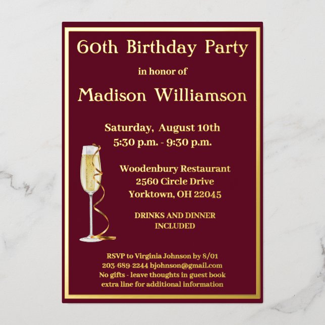 Elegant 60 Sixty Birthday Red REAL Gold    Foil Invitation (Front)