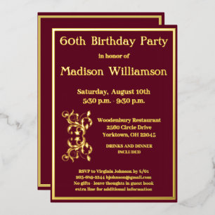 Elegant 60 Sixty Birthday Red REAL Gold Foil Invitation