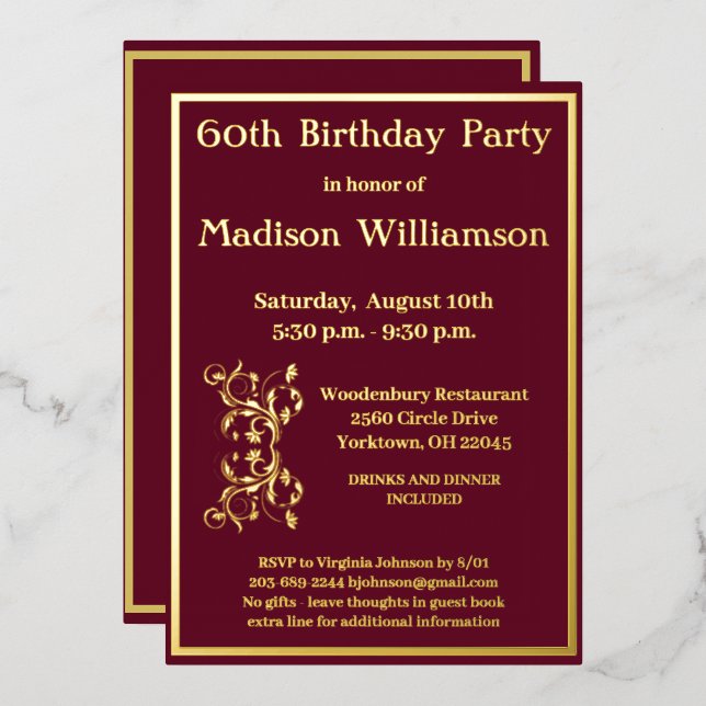 Elegant 60 Sixty Birthday Red REAL Gold      Foil Invitation (Front/Back)
