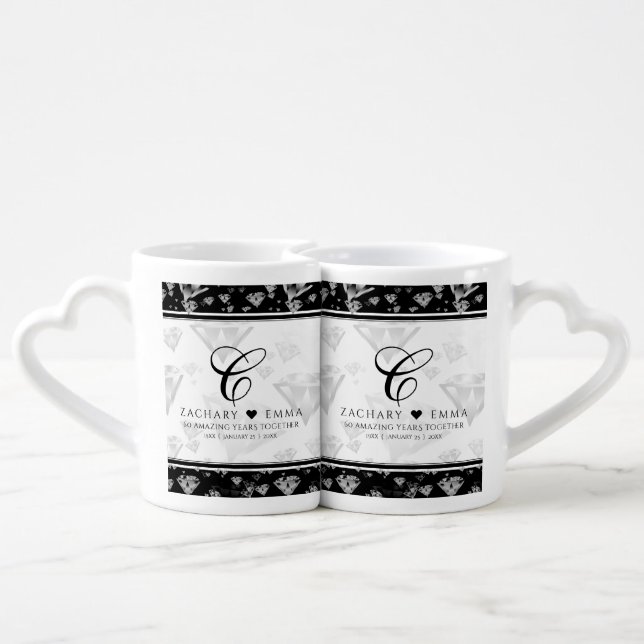 Elegant 60th 75th Diamond Wedding Anniversary Coffee Mug Set (Back Nesting)