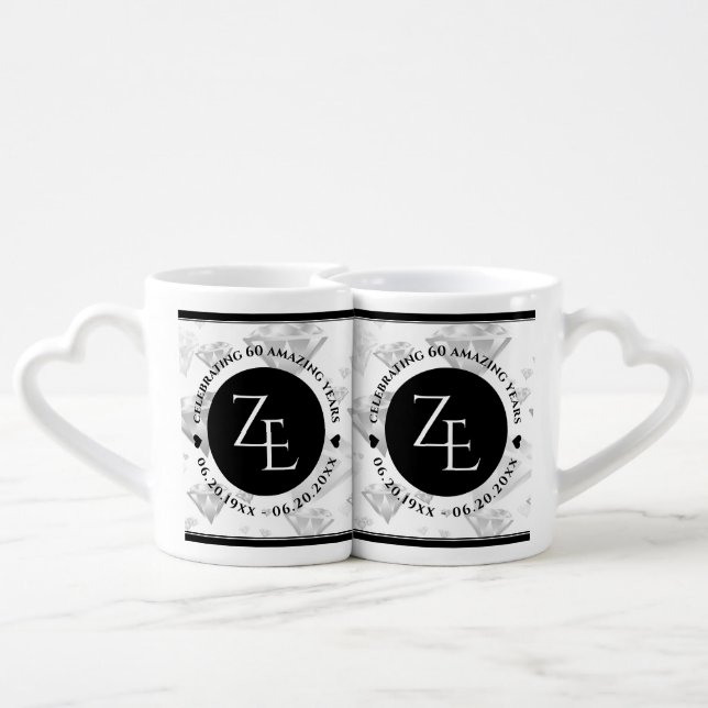 Elegant 60th 75th Diamond Wedding Anniversary Coffee Mug Set (Back Nesting)
