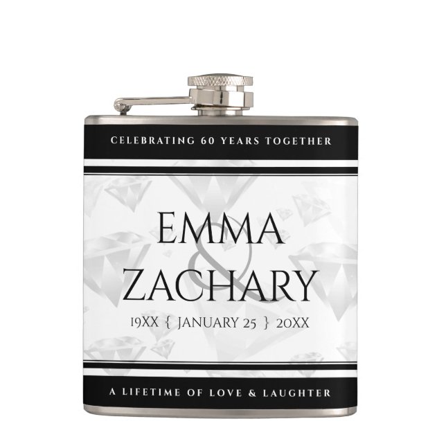 Elegant 60th 75th Diamond Wedding Anniversary Flask (Front)