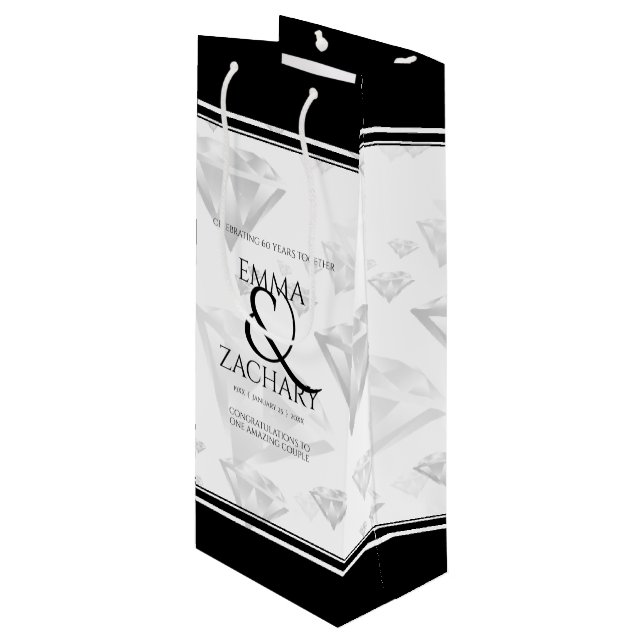 Elegant 60th 75th Diamond Wedding Anniversary Wine Gift Bag (Front Angled)
